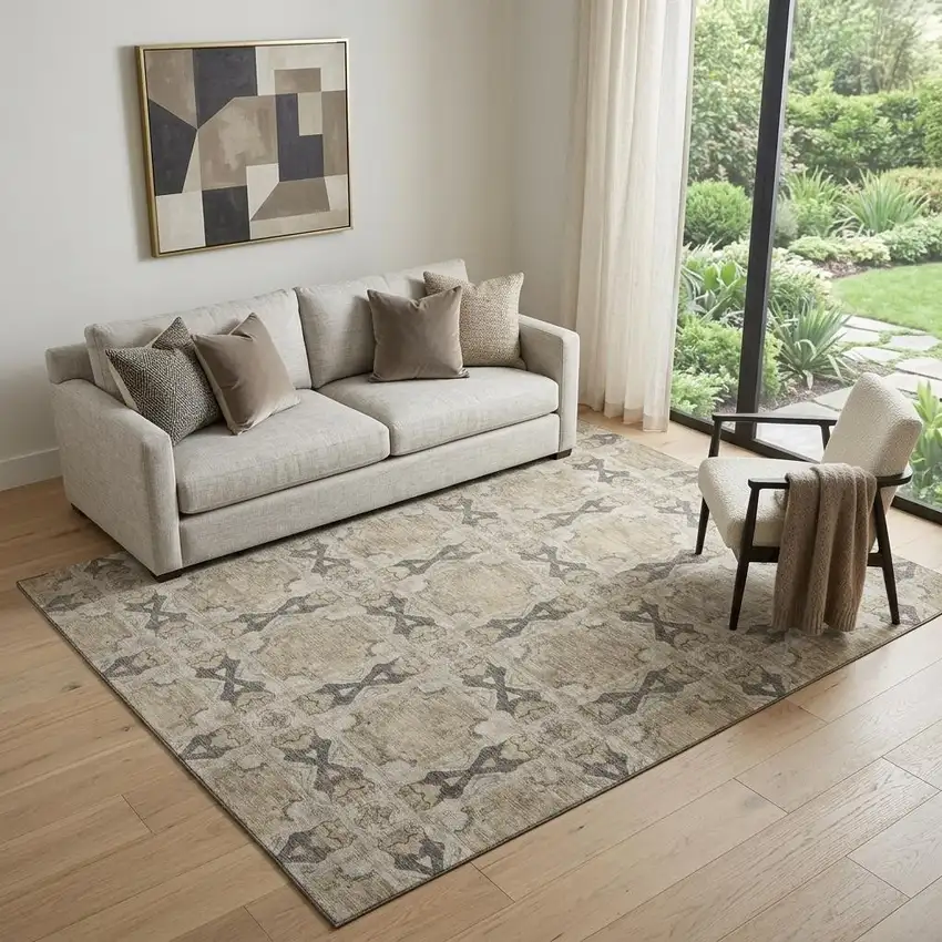 Beige Gray And Ivory Floral Medallion Washable Area Rug With UV Protection Photo 1