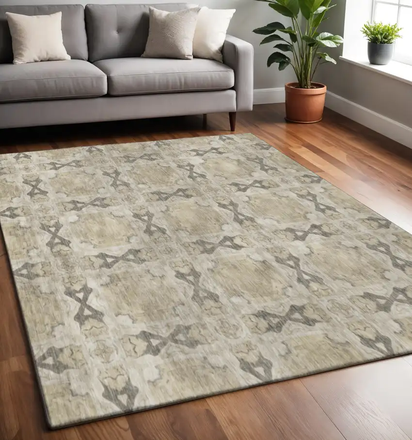Beige Gray And Ivory Floral Medallion Washable Area Rug With UV Protection Photo 2