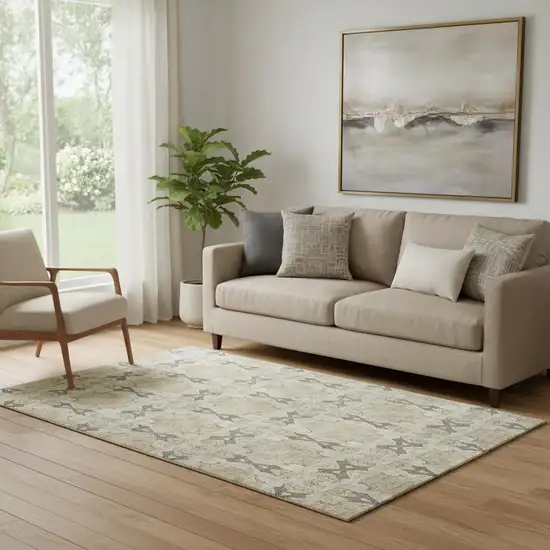 Beige Gray And Ivory Floral Medallion Washable Area Rug With UV Protection Photo 1