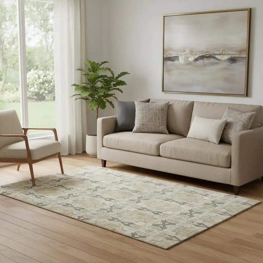 Beige Gray And Ivory Floral Medallion Washable Area Rug With UV Protection Photo 1