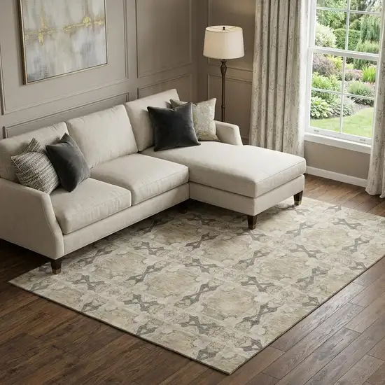 Beige Gray And Ivory Floral Medallion Washable Area Rug With UV Protection Photo 1