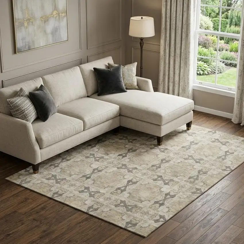 Beige Gray And Ivory Floral Medallion Washable Area Rug With UV Protection Photo 1