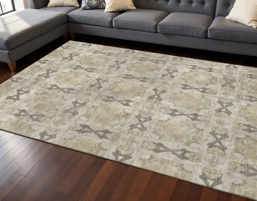 Beige Gray And Ivory Floral Medallion Washable Area Rug With UV Protection Photo 2