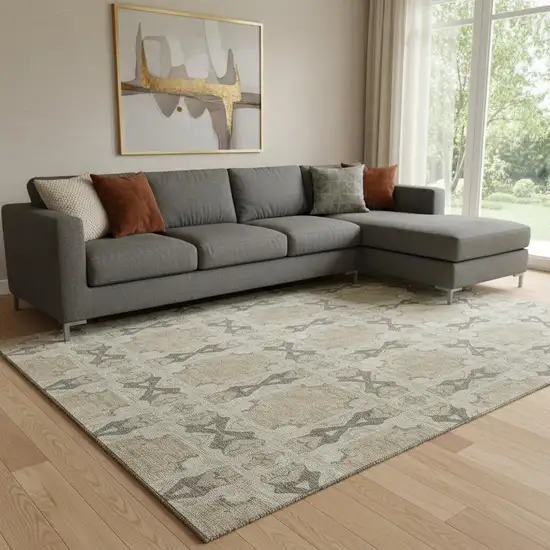 Beige Gray And Ivory Floral Medallion Washable Area Rug With UV Protection Photo 1