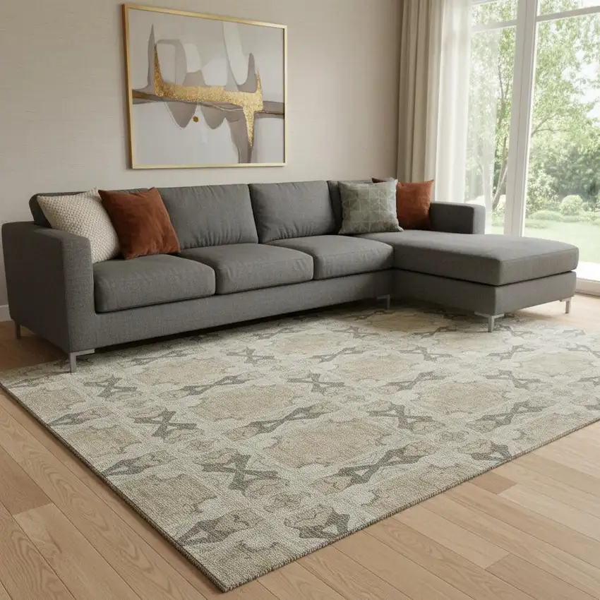 Beige Gray And Ivory Floral Medallion Washable Area Rug With UV Protection Photo 1