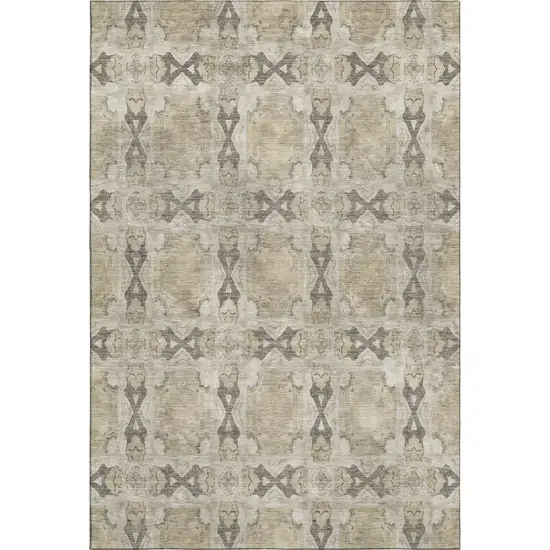 Beige Gray And Ivory Floral Medallion Washable Area Rug With UV Protection Photo 1