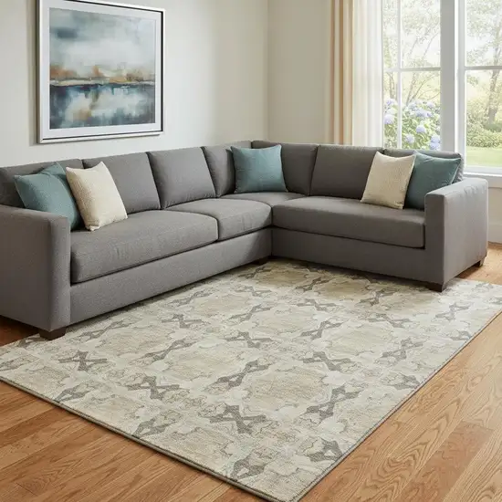 Beige Gray And Ivory Floral Medallion Washable Area Rug With UV Protection Photo 1