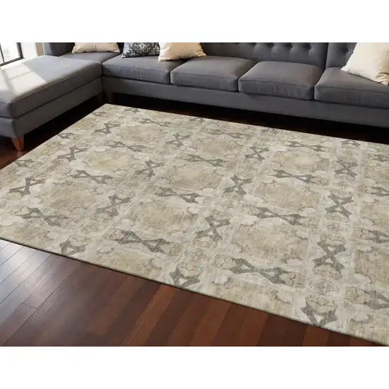 Beige Gray And Ivory Floral Medallion Washable Area Rug With UV Protection Photo 2