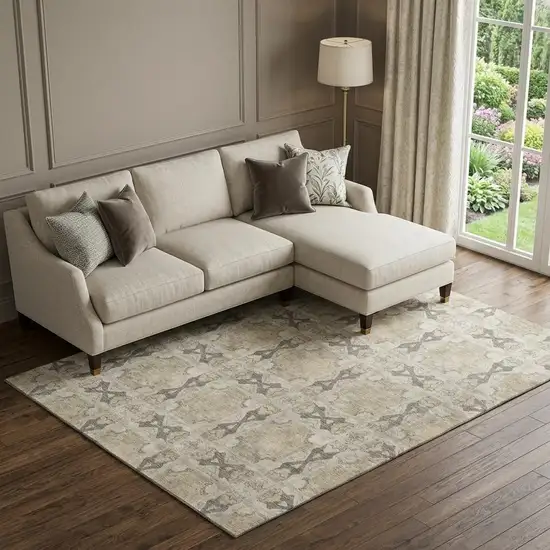 Beige Gray And Ivory Floral Medallion Washable Area Rug With UV Protection Photo 1