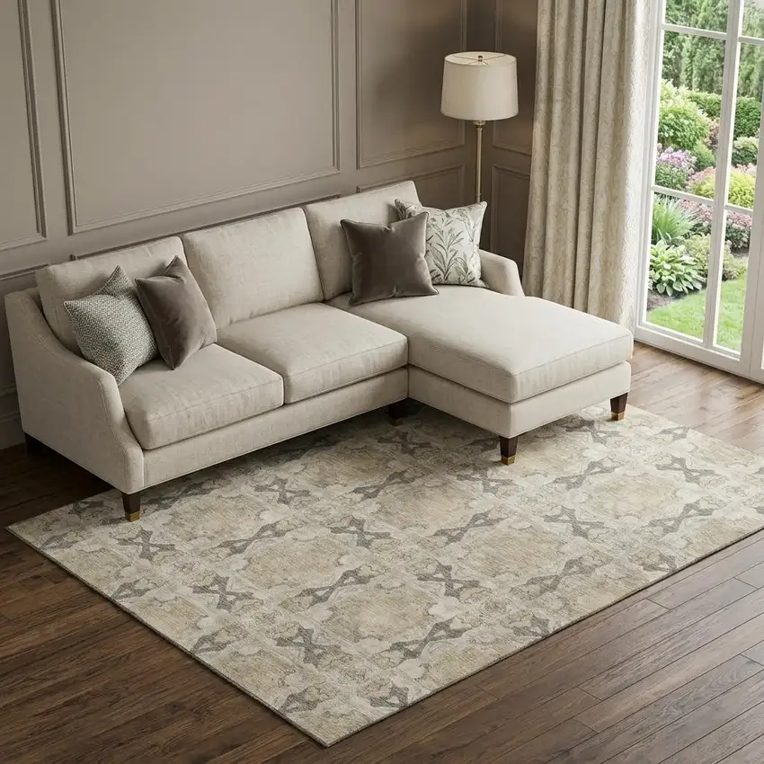 Beige Gray And Ivory Floral Medallion Washable Area Rug With UV Protection Photo 1