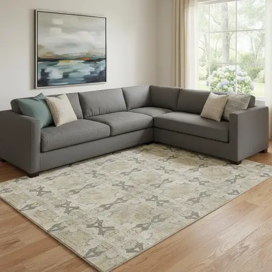 Beige Gray And Ivory Floral Medallion Washable Area Rug With UV Protection Photo 1