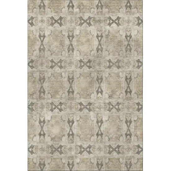 Beige Gray And Ivory Floral Medallion Washable Area Rug With UV Protection Photo 4