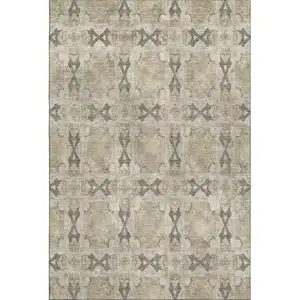 Photo of Beige Gray And Ivory Floral Medallion Washable Area Rug With UV Protection