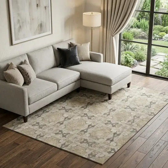 Beige Gray And Ivory Floral Medallion Washable Area Rug With UV Protection Photo 1