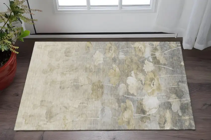 Beige Gray And Ivory Floral Washable Area Rug With UV Protection Photo 2