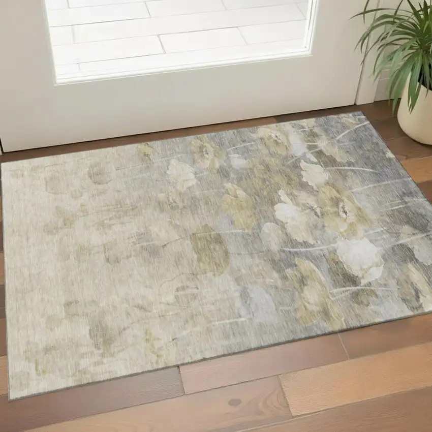 Beige Gray And Ivory Floral Washable Area Rug With UV Protection Photo 1