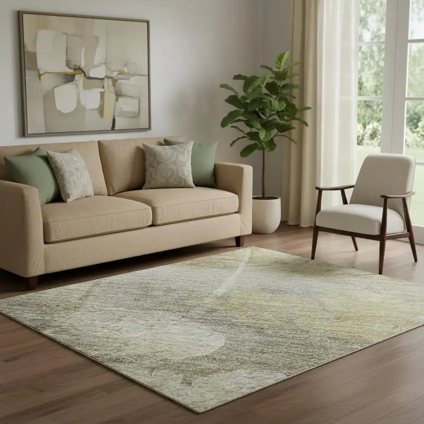 Beige Gray And Ivory Floral Washable Area Rug With UV Protection Photo 1