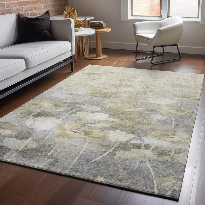 Beige Gray And Ivory Floral Washable Area Rug With UV Protection Photo 6