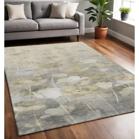 Beige Gray And Ivory Floral Washable Area Rug With UV Protection Photo 2