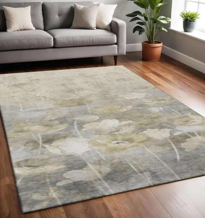 Beige Gray And Ivory Floral Washable Area Rug With UV Protection Photo 2
