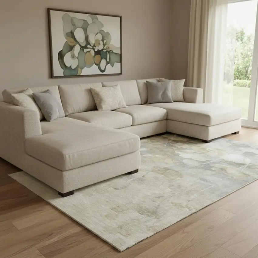 Beige Gray And Ivory Floral Washable Area Rug With UV Protection Photo 3