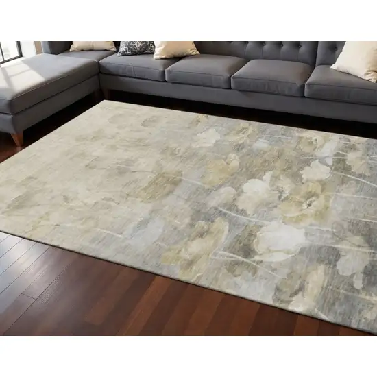 Beige Gray And Ivory Floral Washable Area Rug With UV Protection Photo 2