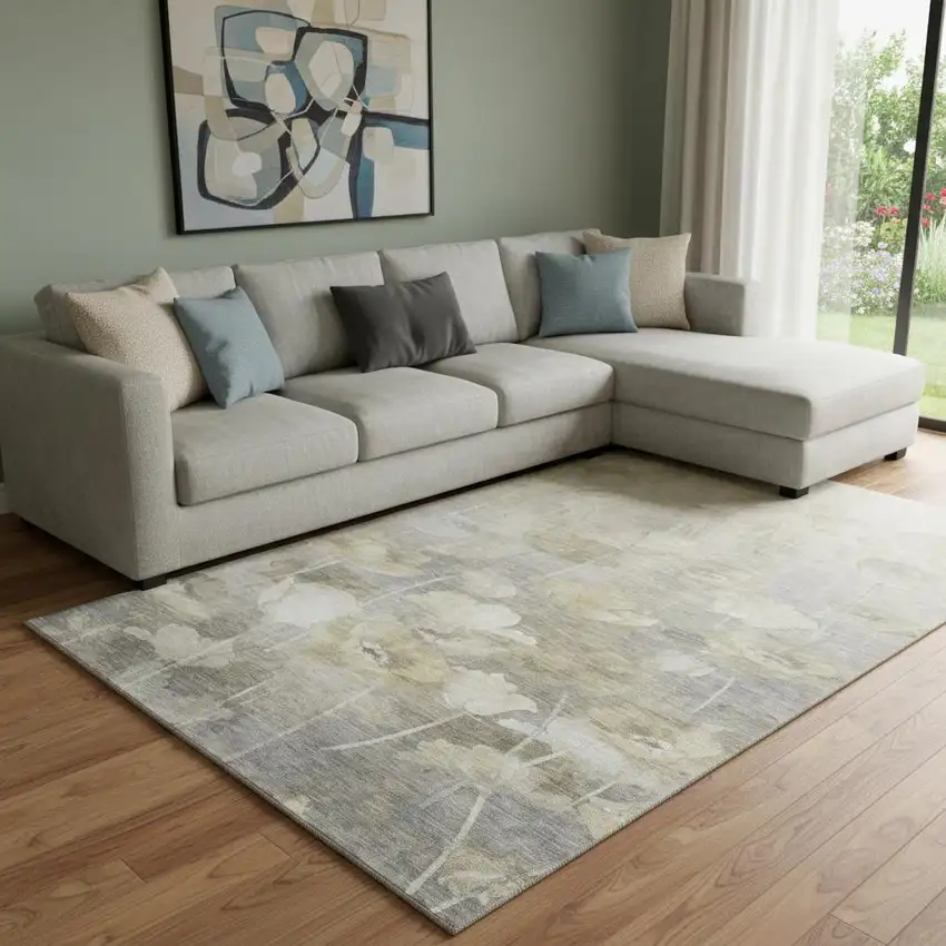 Beige Gray And Ivory Floral Washable Area Rug With UV Protection Photo 1