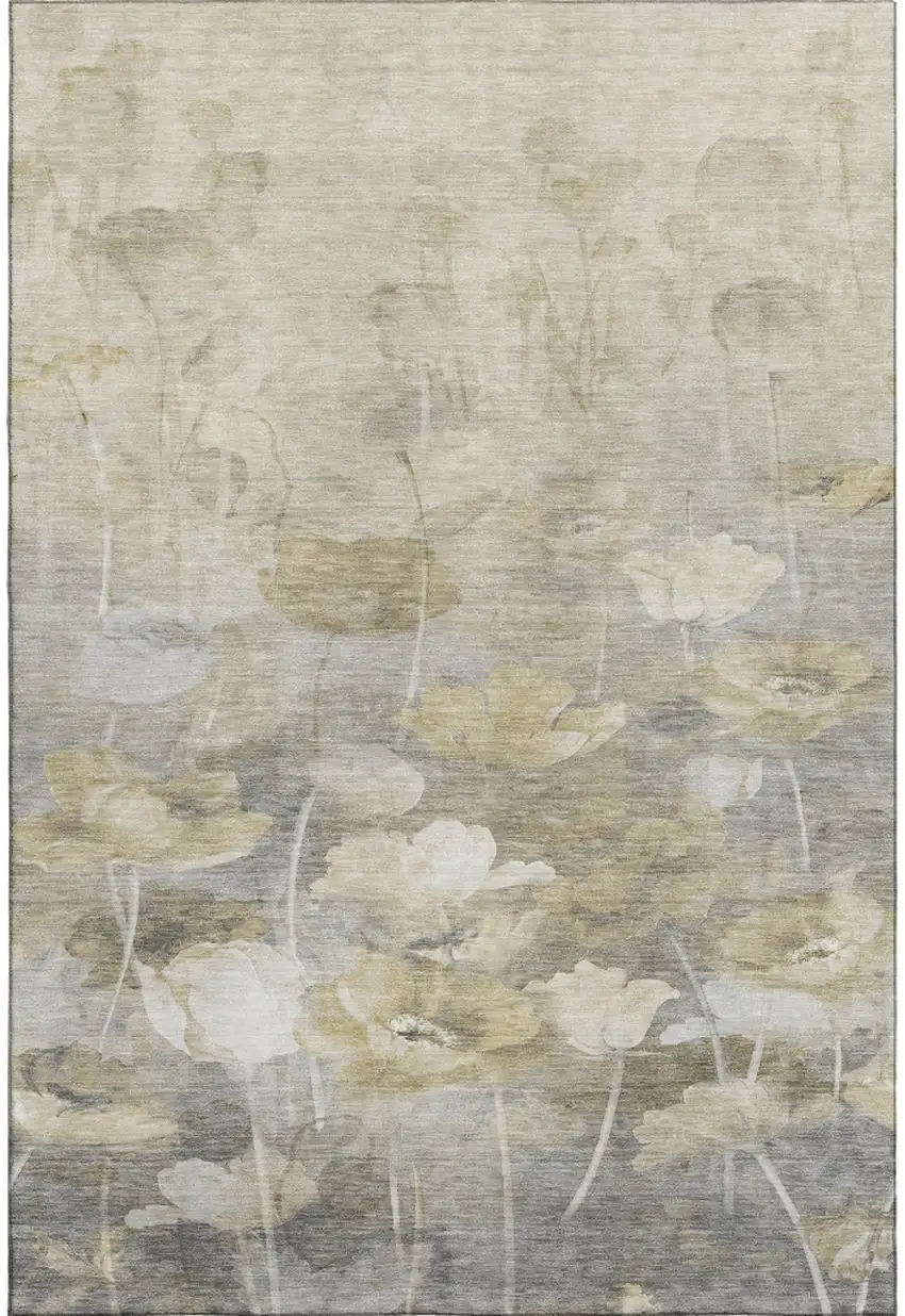 Beige Gray And Ivory Floral Washable Area Rug With UV Protection Photo 1