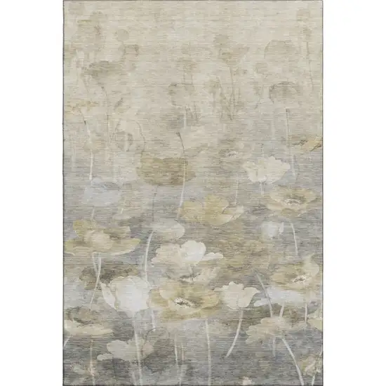 Beige Gray And Ivory Floral Washable Area Rug With UV Protection Photo 1