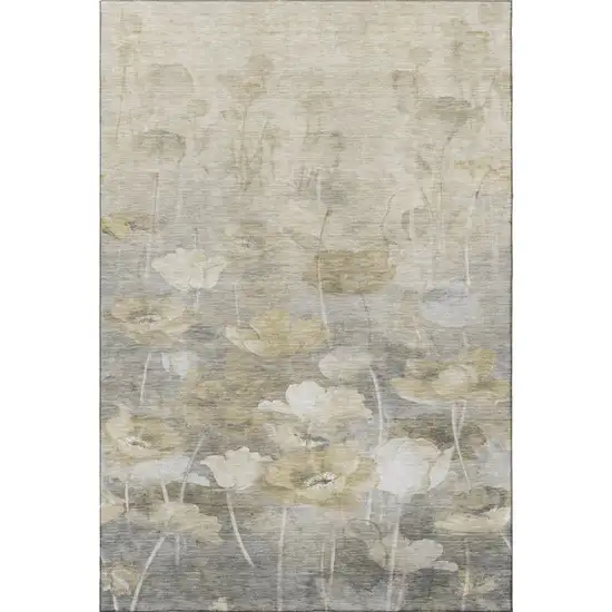 Beige Gray And Ivory Floral Washable Area Rug With UV Protection Photo 4