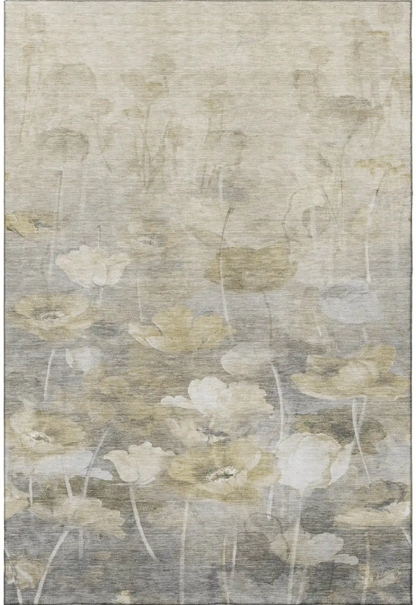 Beige Gray And Ivory Floral Washable Area Rug With UV Protection Photo 4
