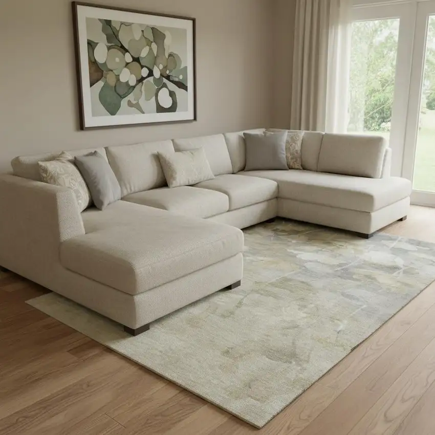 Beige Gray And Ivory Floral Washable Area Rug With UV Protection Photo 1