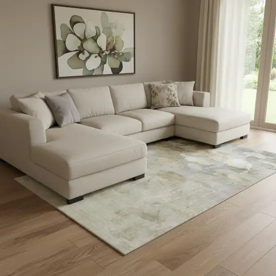 Beige Gray And Ivory Floral Washable Area Rug With UV Protection Photo 1