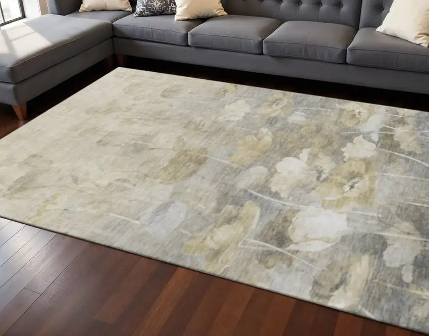 Beige Gray And Ivory Floral Washable Area Rug With UV Protection Photo 2