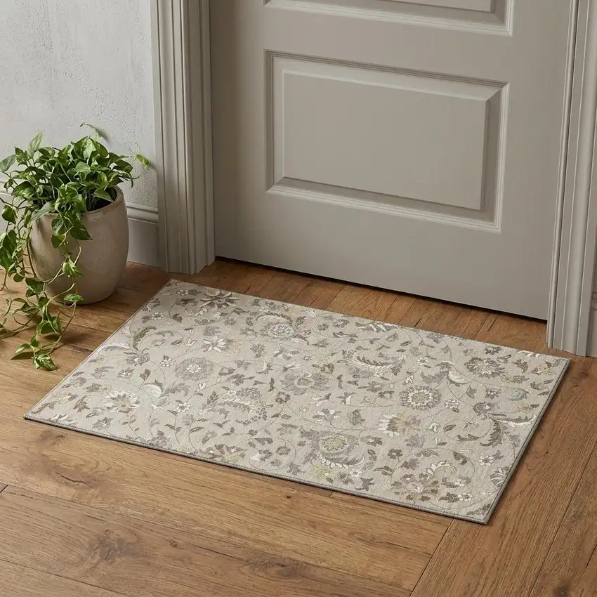 Beige Gray And Ivory Floral Washable Area Rug With UV Protection Photo 1
