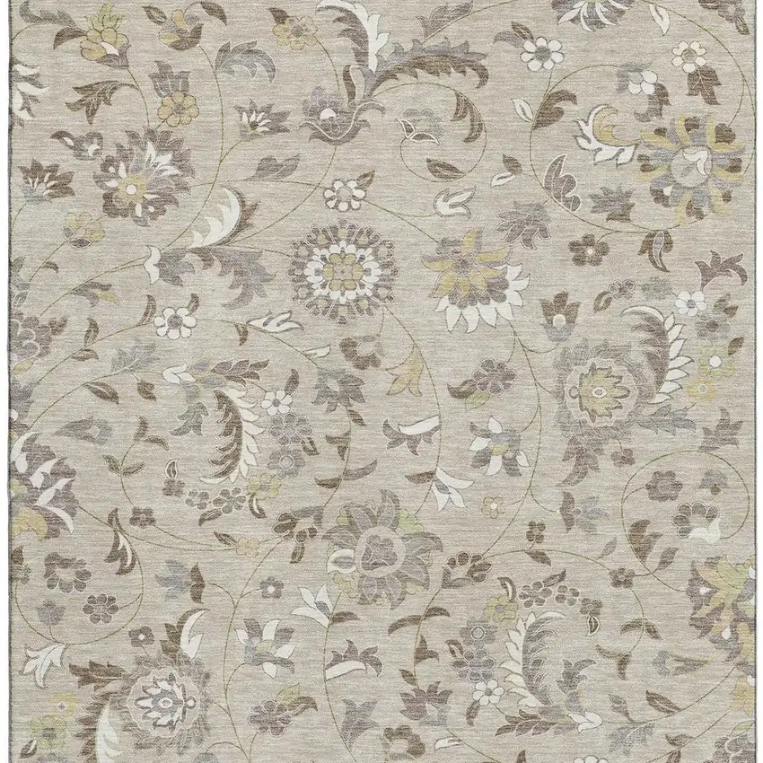 Beige Gray And Ivory Floral Washable Area Rug With UV Protection Photo 3