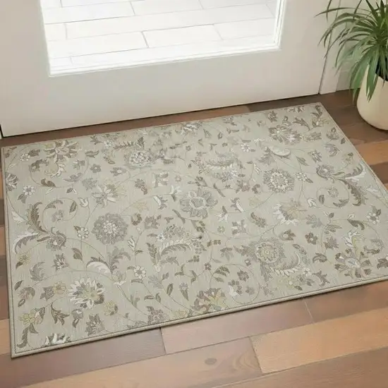 Beige Gray And Ivory Floral Washable Area Rug With UV Protection Photo 2