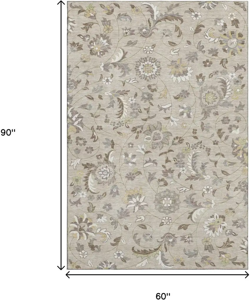 Beige Gray And Ivory Floral Washable Area Rug With UV Protection Photo 7