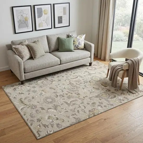 Beige Gray And Ivory Floral Washable Area Rug With UV Protection Photo 1