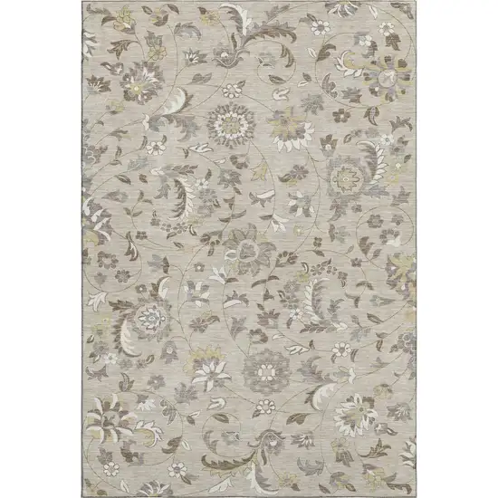 Beige Gray And Ivory Floral Washable Area Rug With UV Protection Photo 1