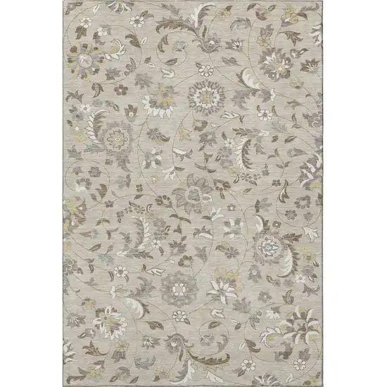 Beige Gray And Ivory Floral Washable Area Rug With UV Protection Photo 3