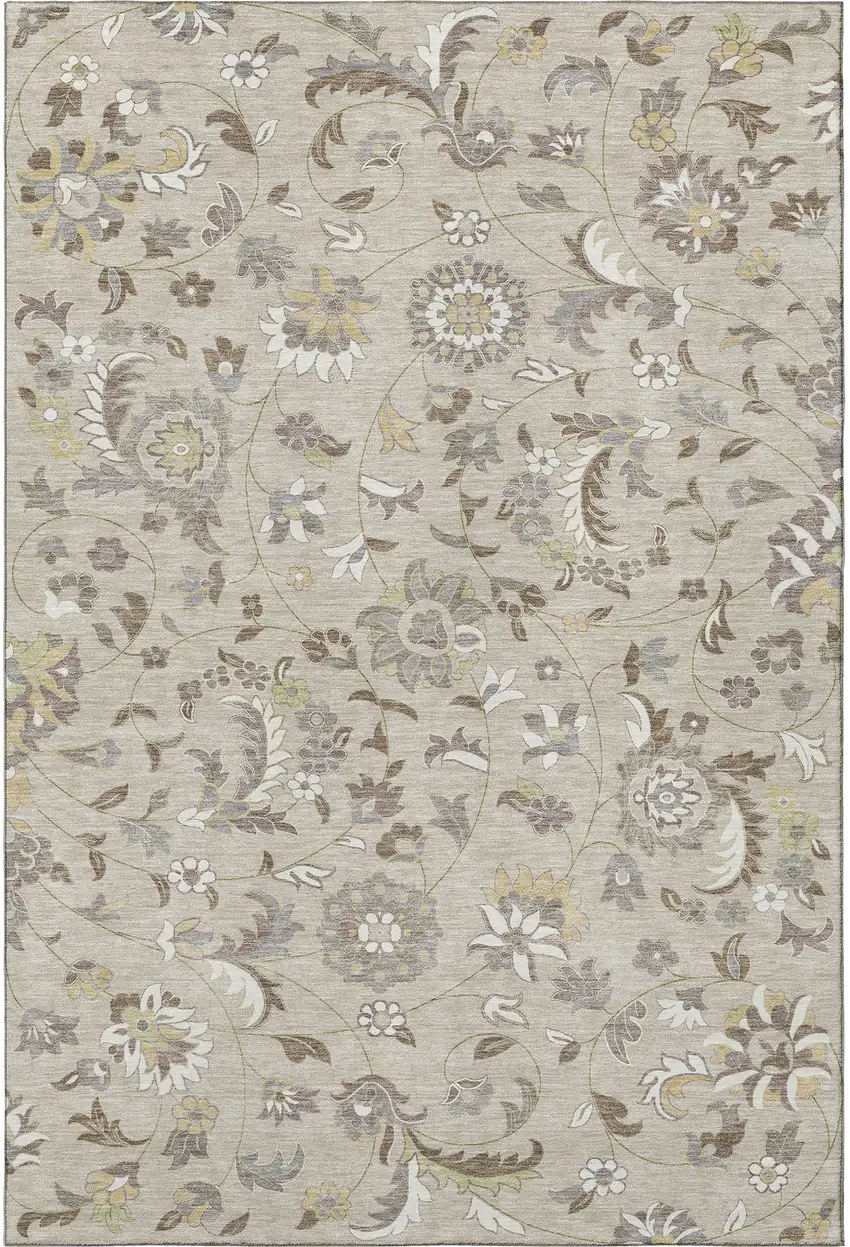 Beige Gray And Ivory Floral Washable Area Rug With UV Protection Photo 3