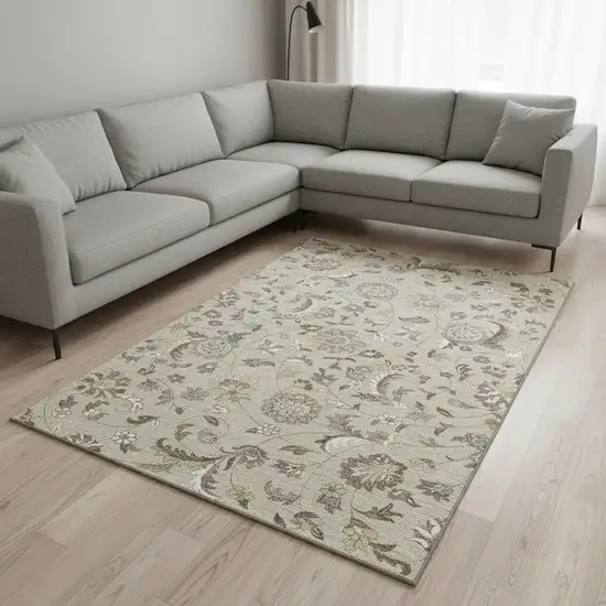 Beige Gray And Ivory Floral Washable Area Rug With UV Protection Photo 2