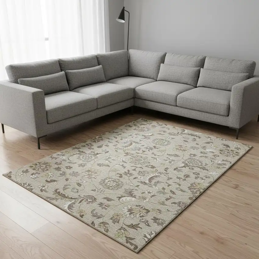 Beige Gray And Ivory Floral Washable Area Rug With UV Protection Photo 2