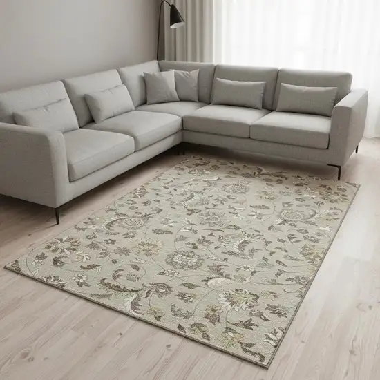Beige Gray And Ivory Floral Washable Area Rug With UV Protection Photo 2