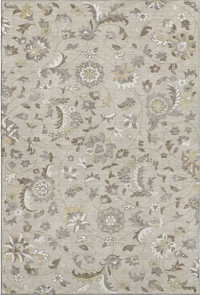 Beige Gray And Ivory Floral Washable Area Rug With UV Protection Photo 1