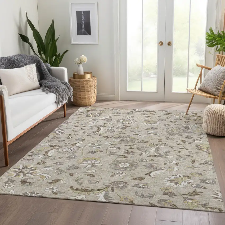 Beige Gray And Ivory Floral Washable Area Rug With UV Protection Photo 5