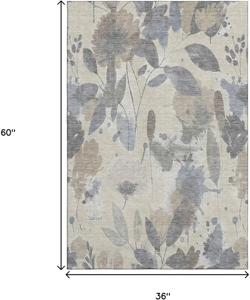 Beige Gray And Ivory Floral Washable Area Rug With UV Protection Photo 9