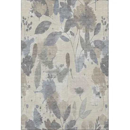 Beige Gray And Ivory Floral Washable Area Rug With UV Protection Photo 2