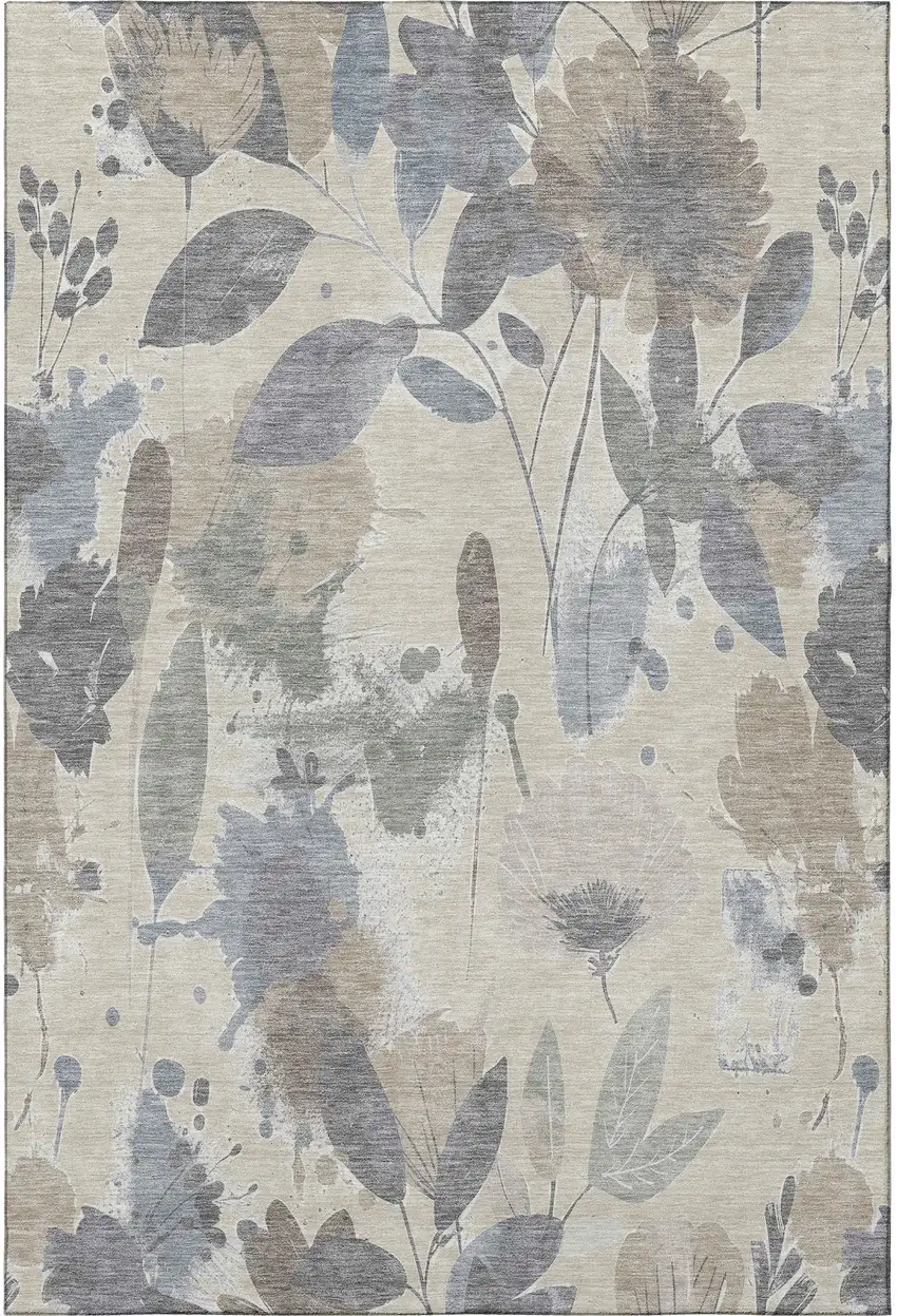 Beige Gray And Ivory Floral Washable Area Rug With UV Protection Photo 2